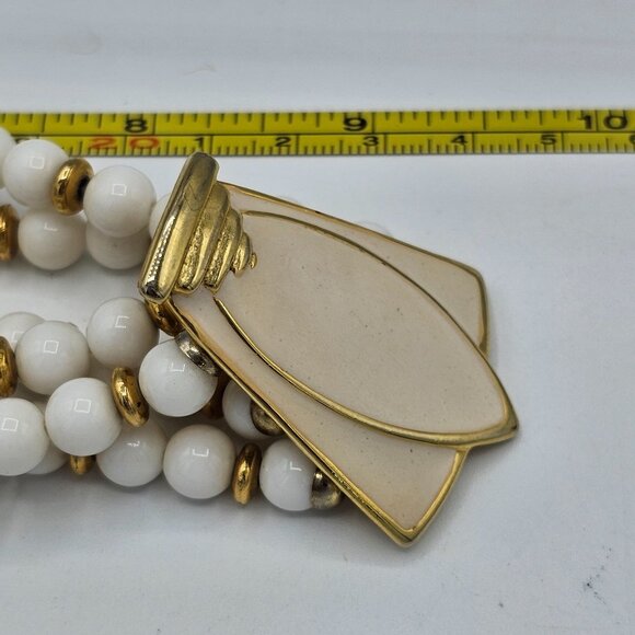 Vintage Multi-Strand White Gold Beaded Necklace Enamel Beige Statement Pendant - Picture 3 of 3